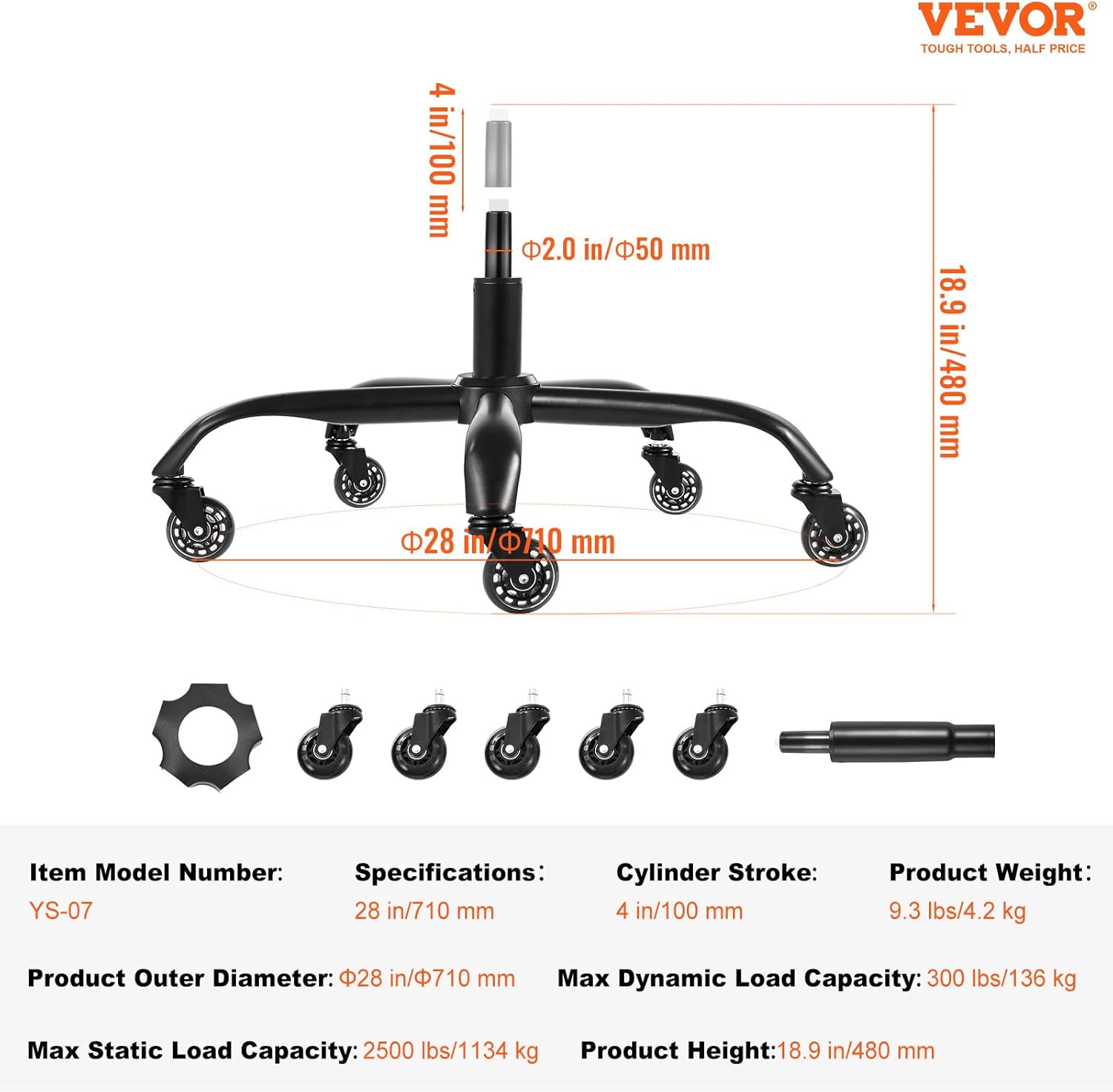 VEVOR Office Chair Base Replacement, 28", 2500 lbs Static Load Capacity, Heavy Duty Universal Computer Desk Chair Stool Base Part with 5 Casters and Gas Cylinder, Desk Chair Base Replacement, Black