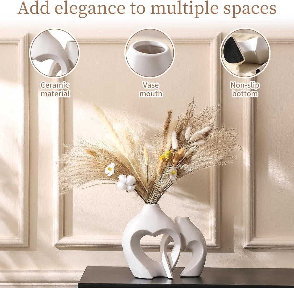 White Vases for Decor, Heart Shaped Ceramic Vase Set of 2, Nordic Modern Heart Vases, Minimalist Decorative Vase for Table Centerpiece Wedding Living Room House Decoration