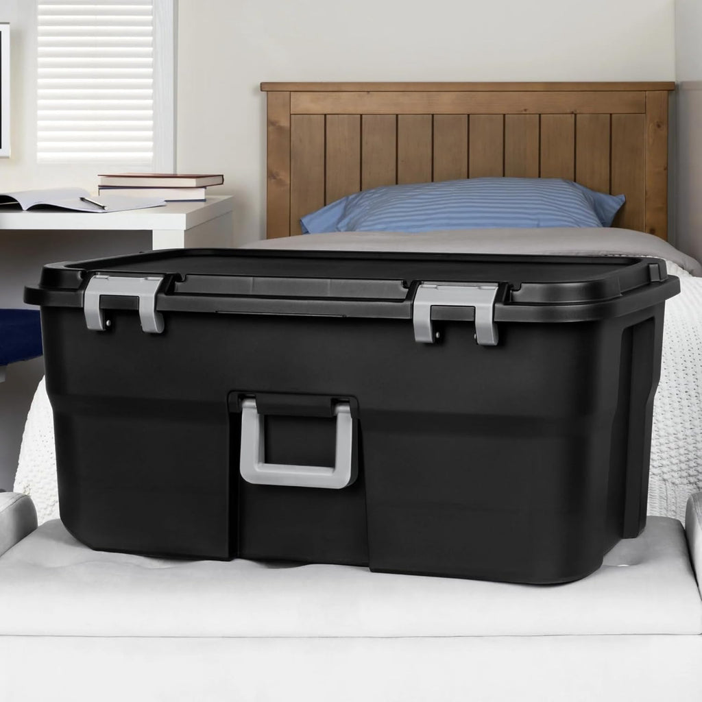 22 Gallon Large Rolling Footlocker, Heavy Duty Plastic Storage Trunk with Wheels and Lockable Handle, Black, 31" x 18" x 14"