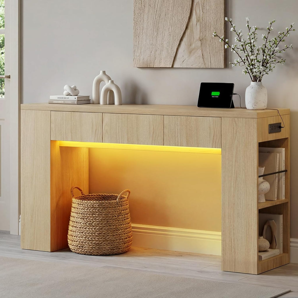 Entryway Table with 3 Drawers and Charging Station, 63" Console Table with LED Lights & Side Storage, Narrow Wooden Sofa Tables for Hallway, Foyer, Living Room, Natural Oak