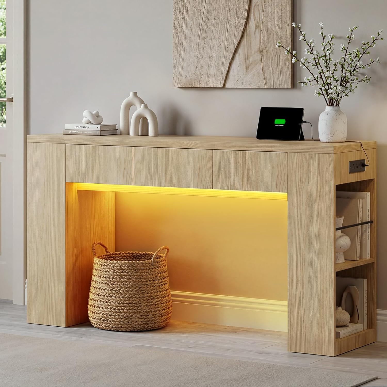 Entryway Table with 3 Drawers and Charging Station, 63" Console Table with LED Lights & Side Storage, Narrow Wooden Sofa Tables for Hallway, Foyer, Living Room, Natural Oak