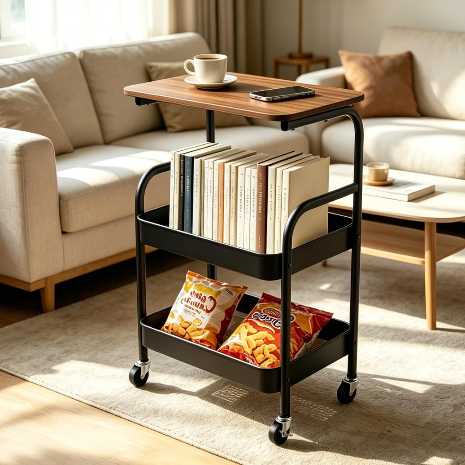 3 Tier Rolling Cart with Walnut Table Top, Sturdy Metal Storage Cart with Lockable Wheels, Multi-Purpose Mobile Shelf for Kitchen, Bedroom, Snacks, Coffee, Craft, Makeup, Garage (Black)