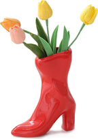 Ceramic Boot Vase for Modern Home Decor,7.9" High Heel Bootie Flower Vase,Quirky Funky Aesthetic Room Decor,Trendy Coffee Table Centerpiece for Women(Red)