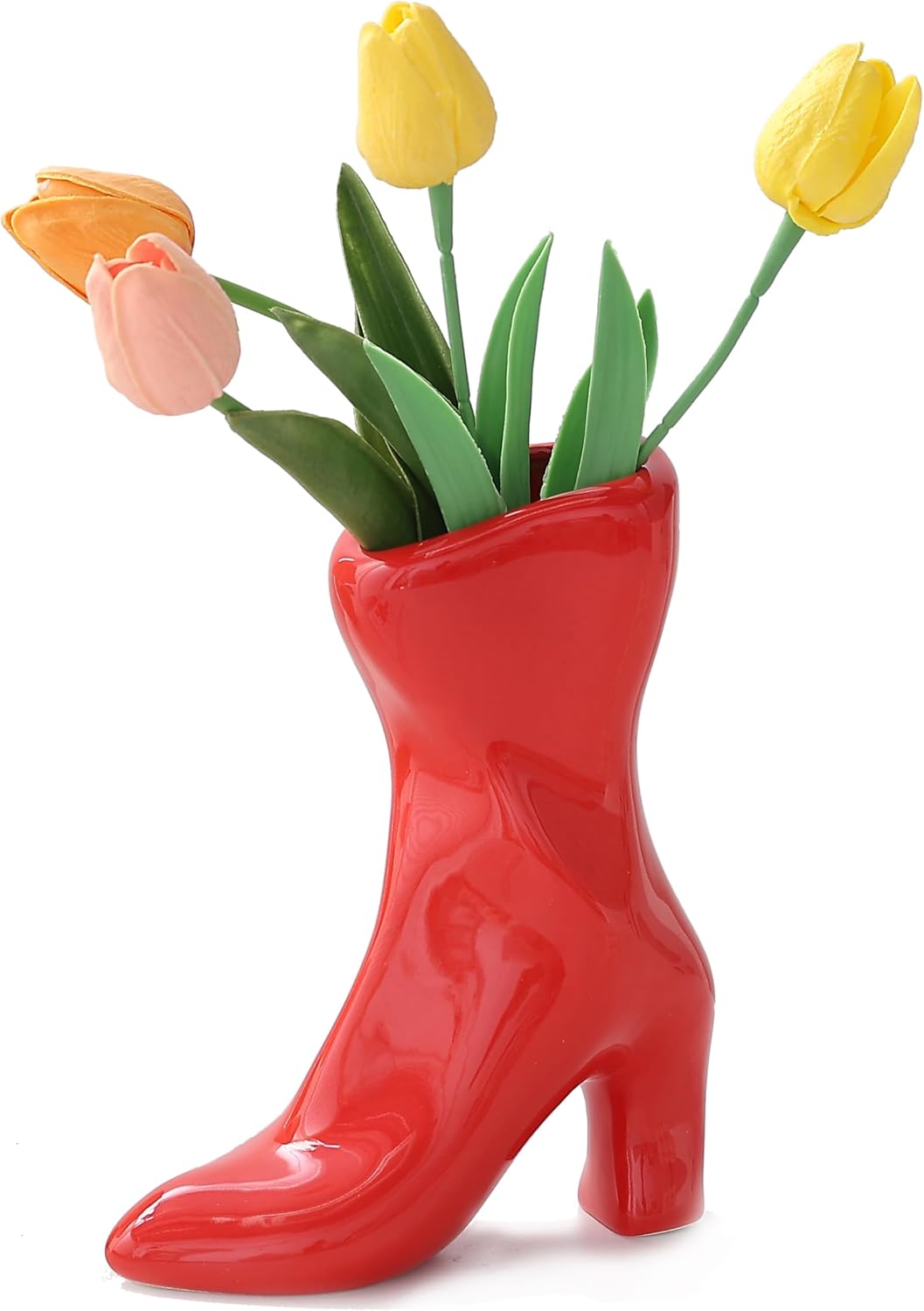 Ceramic Boot Vase for Modern Home Decor,7.9" High Heel Bootie Flower Vase,Quirky Funky Aesthetic Room Decor,Trendy Coffee Table Centerpiece for Women(Red)