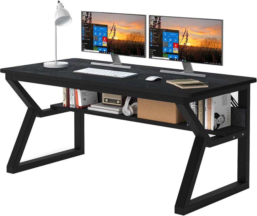 55 inch Computer Desk with Storage Shelf, K-Shaped Office Desk with Sturdy Metal Frame, Writing Gaming Work Desk with Waterproof Surface for Home Office & Bedroom, Black