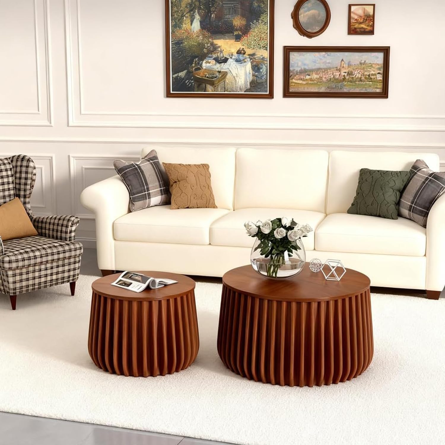 Round Nesting Coffee Tables Set of 2 with Storage Modern Wooden Fluted Nesting End Table Set Stacking Sofa Side Tables for Living Room Apartment, No Need Assembly (BrownD)