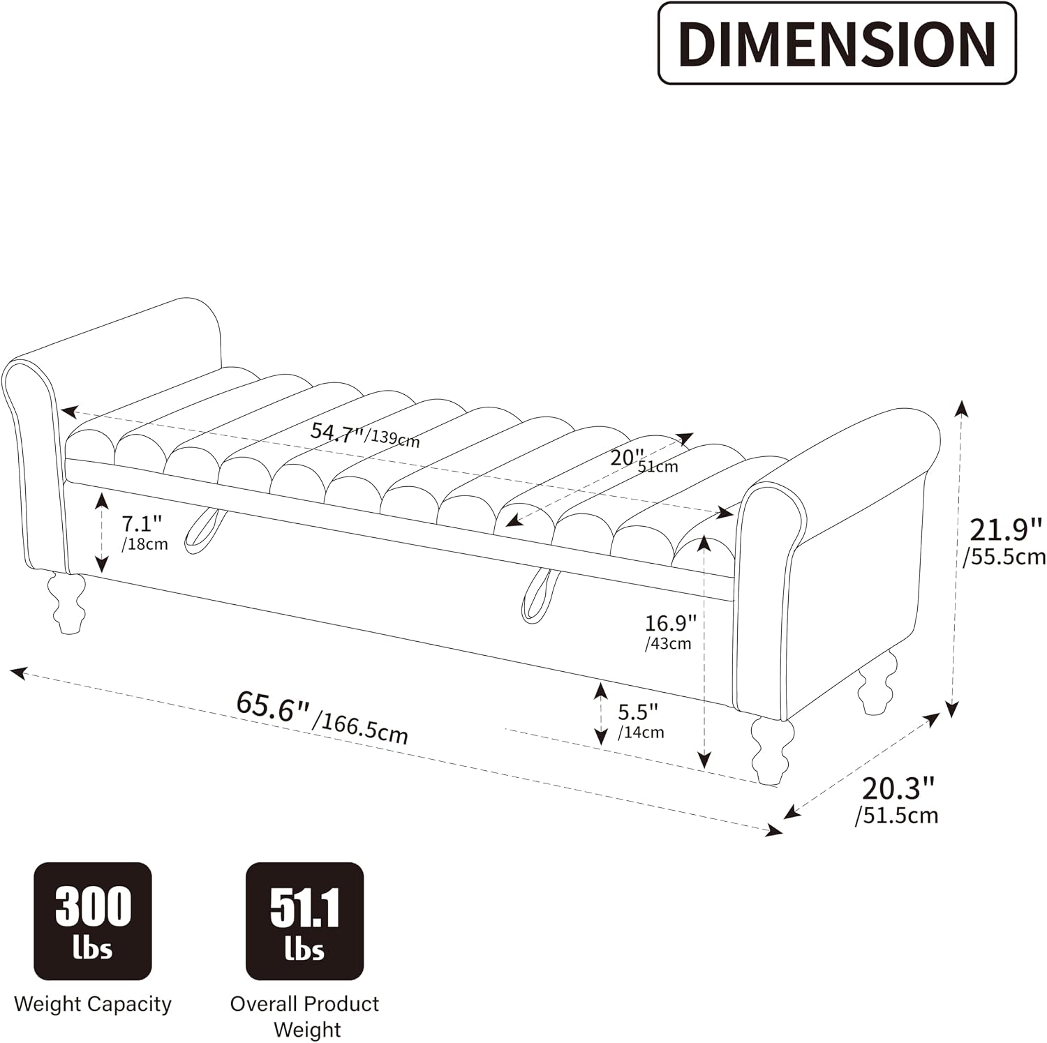 65" Bench with Storage, End of Bed Bench with Rolled Arms, Upholstered Bedroom Bench with Storages, Storage Ottoman Bench for Bedroom, Living Room, Entryway, Hallway, Dormitory, Foot Rest, Charcoal