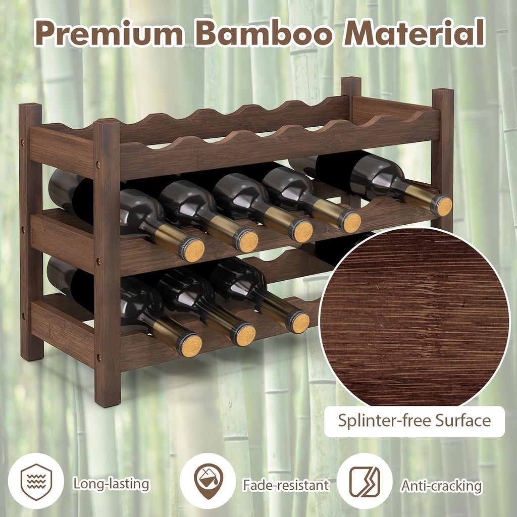 Giantex Bamboo Wine Rack, 3-Tier 18 Bottle Wine Storage Cabinet Shelf, Small Bottle Organizer Freestanding Counter, Countertop Wine Rack for Kitchen, Bar, Pantry & Wine Cellar, Coffee