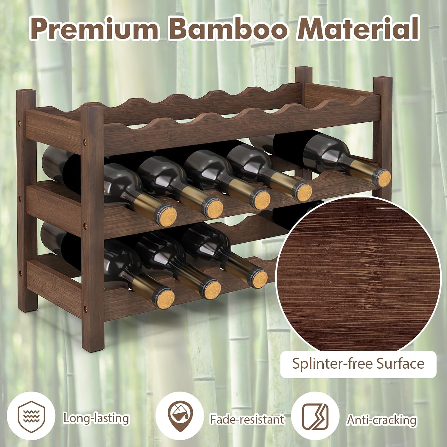 Giantex Bamboo Wine Rack, 3-Tier 18 Bottle Wine Storage Cabinet Shelf, Small Bottle Organizer Freestanding Counter, Countertop Wine Rack for Kitchen, Bar, Pantry & Wine Cellar, Coffee