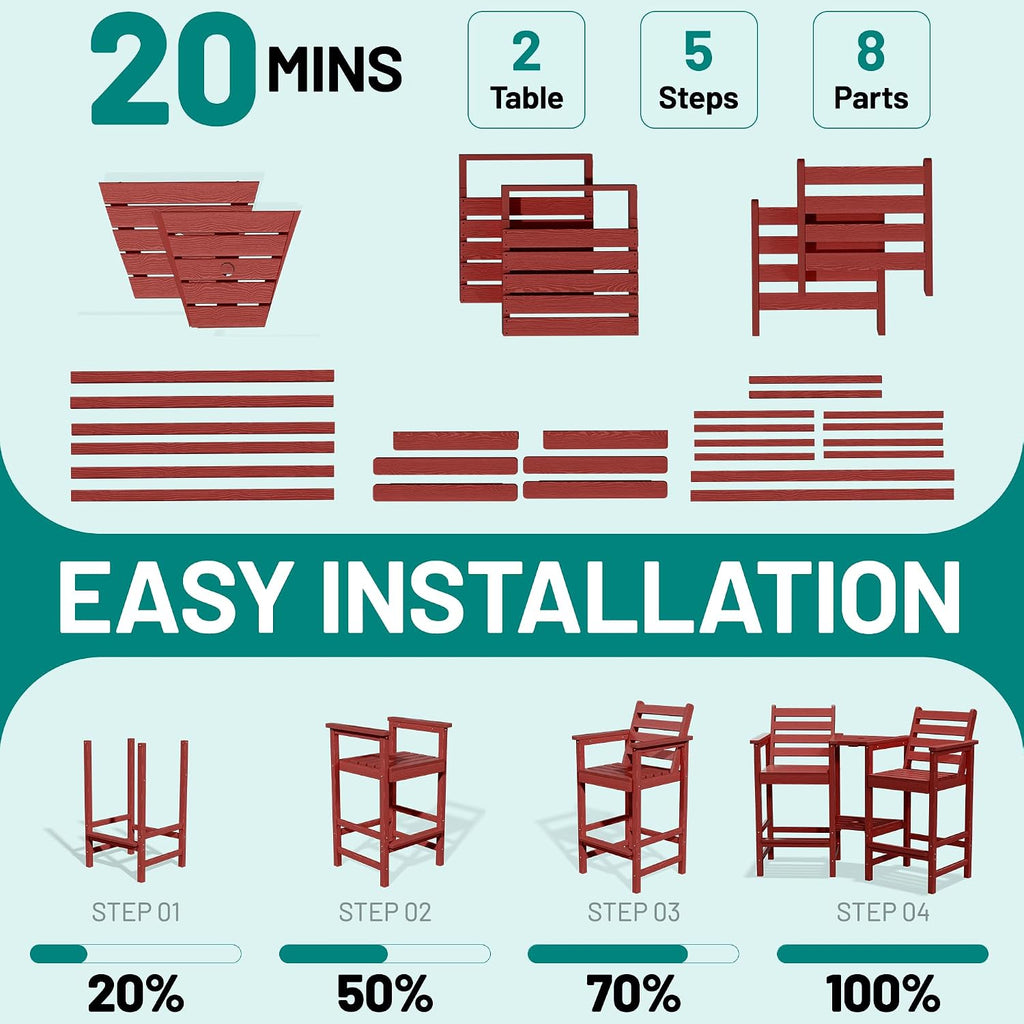 PLUUV Tall Adirondack Chairs Set of 2 with Double Connecting Side Trays, All-Weather HDPE Bar Height Patio Chairs for Balcony & Poolside, 380 LBs Capacity Heavy Duty Outdoor Furniture, Red