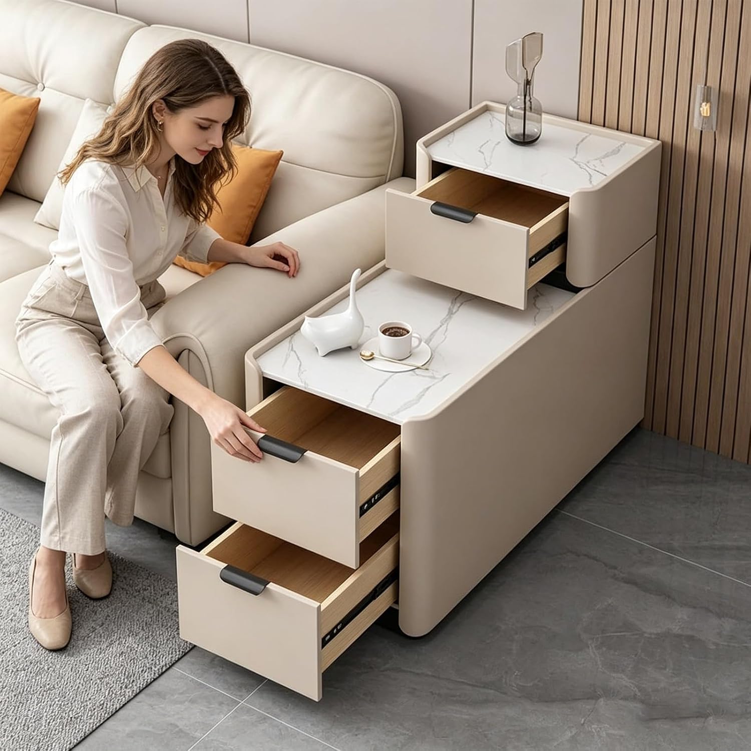 Modern Sofa Side Table with 3 Drawers, PU Leather Nightstand with Silent Rails, Pine Wood Frame, for Small Spaces, Living Room Bedroom(Gray,31.5x11.8x30.7in)
