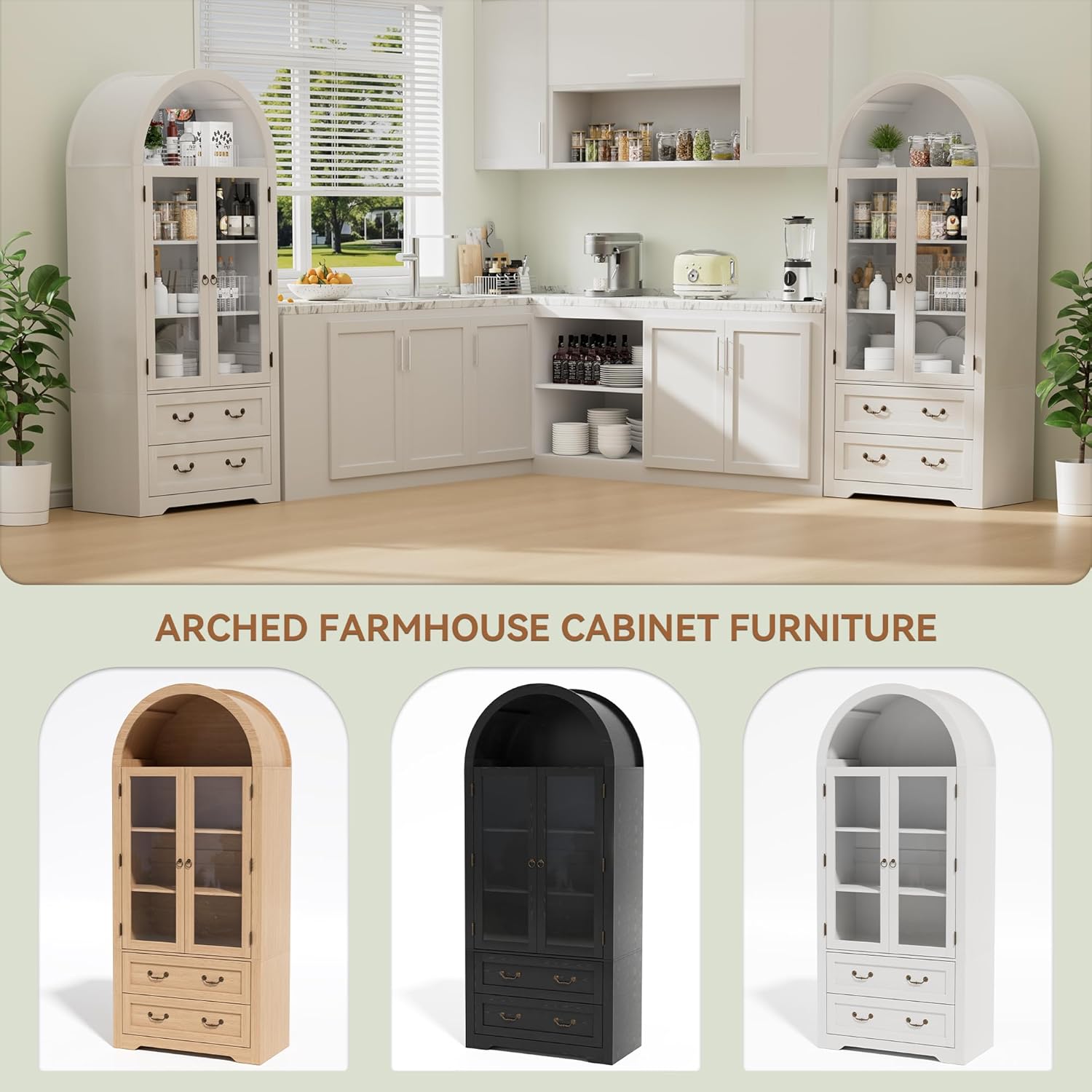 71" Tall Arched Kitchen Pantry Cabinet, Farmhouse Modern Wood Arched Cabinets with Glass Doors & 2 Large Drawers, Perfect for Kitchen, Dining Room, Living Room, Bathroom White