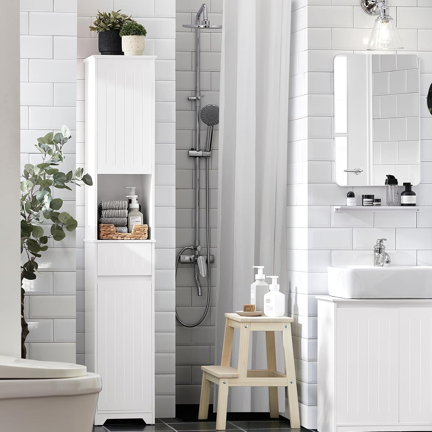 SoBuy Narrow Bathroom Storage Cabinet, Tall Slim Bathroom Organizers and Storage for Small Spaces, Freestanding Skinny Cabinet with Doors and Shelves for Tight Corners, White BZR109-W