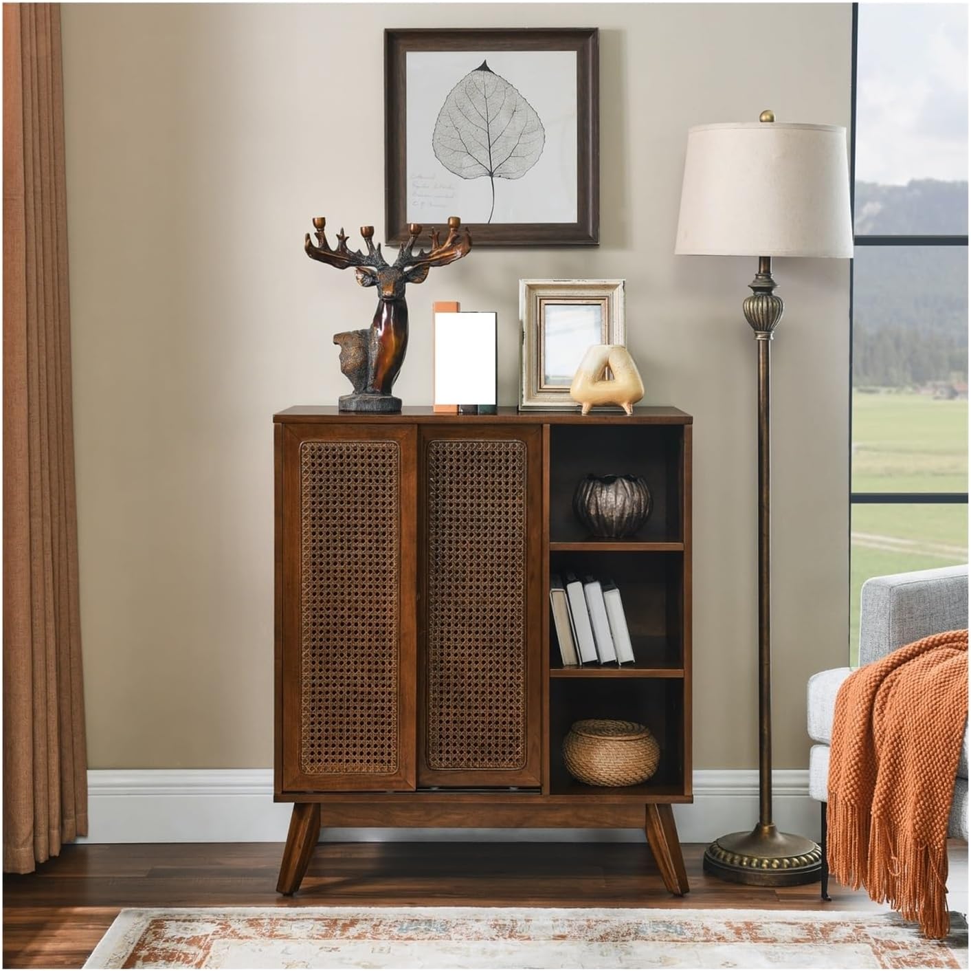 Mid Century Modern Rattan Sideboard Cabinet, Buffet Cabinet for Entryway Hallway Living Room Kitchen Dining Room, Adjustable Shelf & Feet Doors,for Kitchen