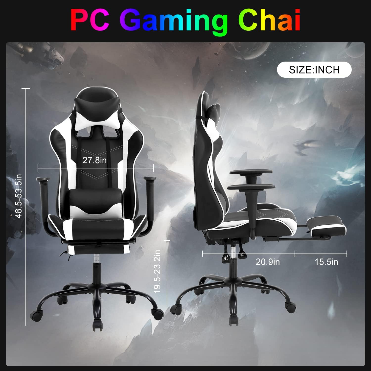 Gaming Chair Computer Chair Ergonomic Gaming Chair with Footrest Reclining High Back Video Game Chair with Lumbar Support Headrest Armrest Swivel Seat for Teen (White)