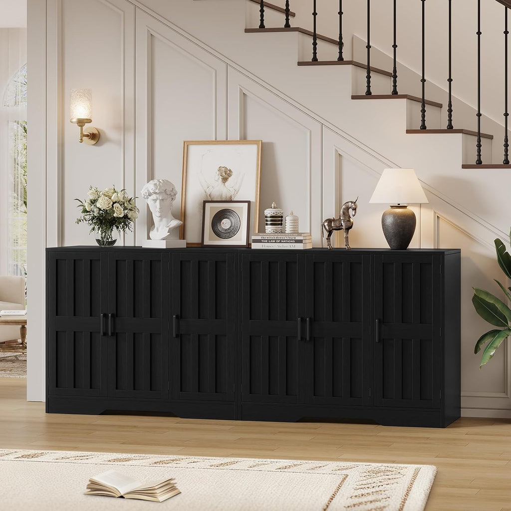Modern Farmhouse Buffet Cabinet with Storage, 85" Large Sideboard Storage Cabinet with 6 Barn Doors, Coffee Liquor Bar Cabinet Wood Table Credenza with Adjustable Shelf for Kitchen Dining Living Room