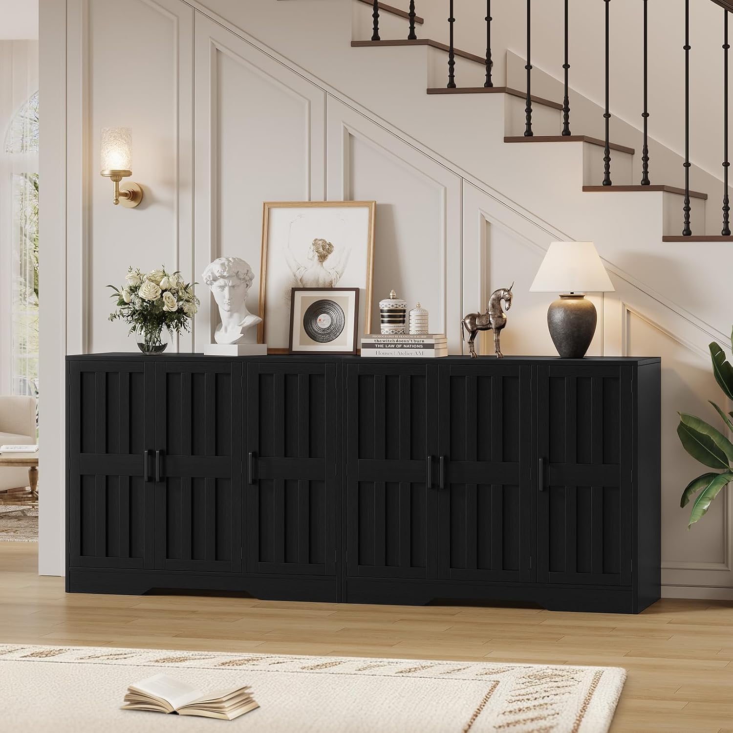 Modern Farmhouse Buffet Cabinet with Storage, 85" Large Sideboard Storage Cabinet with 6 Barn Doors, Coffee Liquor Bar Cabinet Wood Table Credenza with Adjustable Shelf for Kitchen Dining Living Room