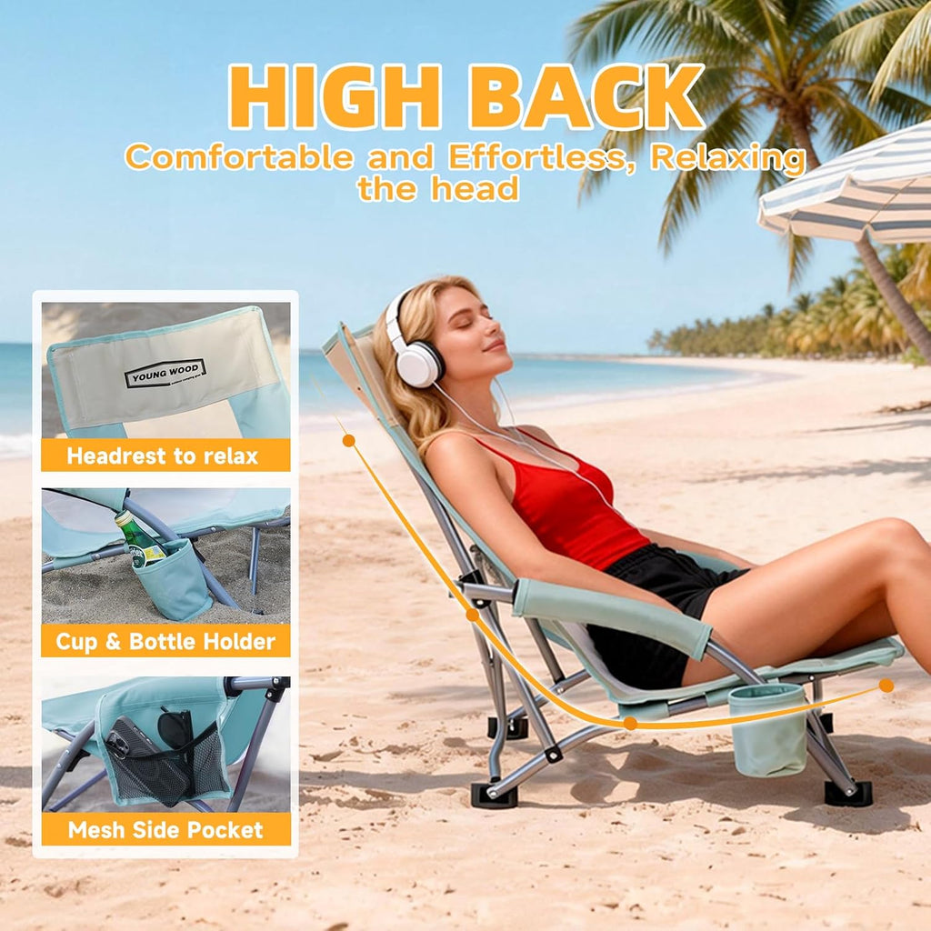YOUNG WOOD High Beach Chair, Camping Chair, High Back Extra Wide Seat Chair with Comfortable Pillow & Storage Pocketsuitable for Adults, Children and Pets,Load Capacity 350lb,Blue,1p