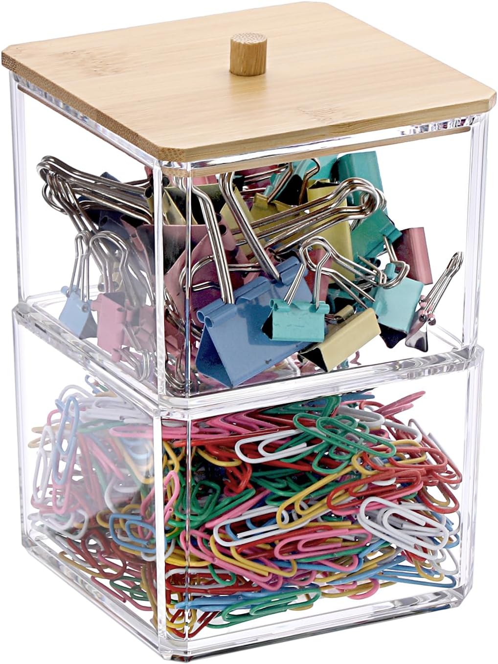 BTSKY Clear Stackable Paper Clip Holder with Bamboo Lid 2-Layer Paperclip Box Thick Acrylic Office Supply Accessory Organizer Square Small Storage Holder Cute Qtip Holder for Office Bathroom Vanity