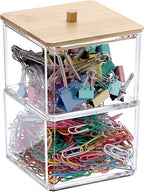 BTSKY Clear Stackable Paper Clip Holder with Bamboo Lid 2-Layer Paperclip Box Thick Acrylic Office Supply Accessory Organizer Square Small Storage Holder Cute Qtip Holder for Office Bathroom Vanity