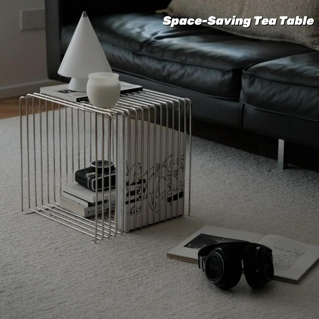 Stainless Steel Side Table, Metal Side Table with Wire Cube Storage, Retro Square Accent Table for Living Room Office Silver Finish (Silver,14in)