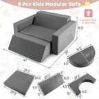 Costzon Convertible Toddler Couch, 8PCS Kids Modular Play Sofa w/Detachable Cover for Playroom, Creative Couch for Playing, Creating & Sleeping, Imaginative Furniture for Girls & Boys (Gray)
