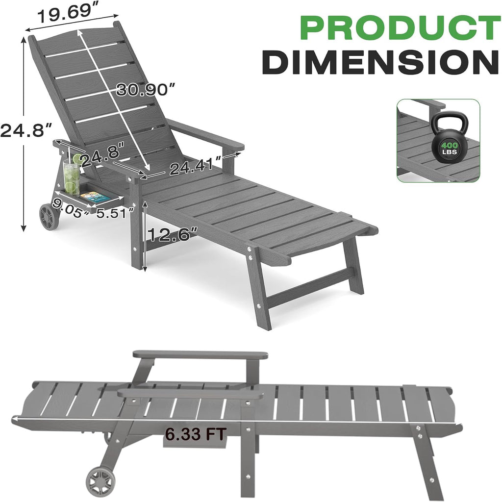 Outdoor Lounge Chairs Set of 2, 6.3ft Outside Chaise Pool Lounger with Wheels,5-Position Adjustable Backrest, 2 Flip-Down Side Cup Holders,HIPS All-Weather for Poolside,Patio,Backyard