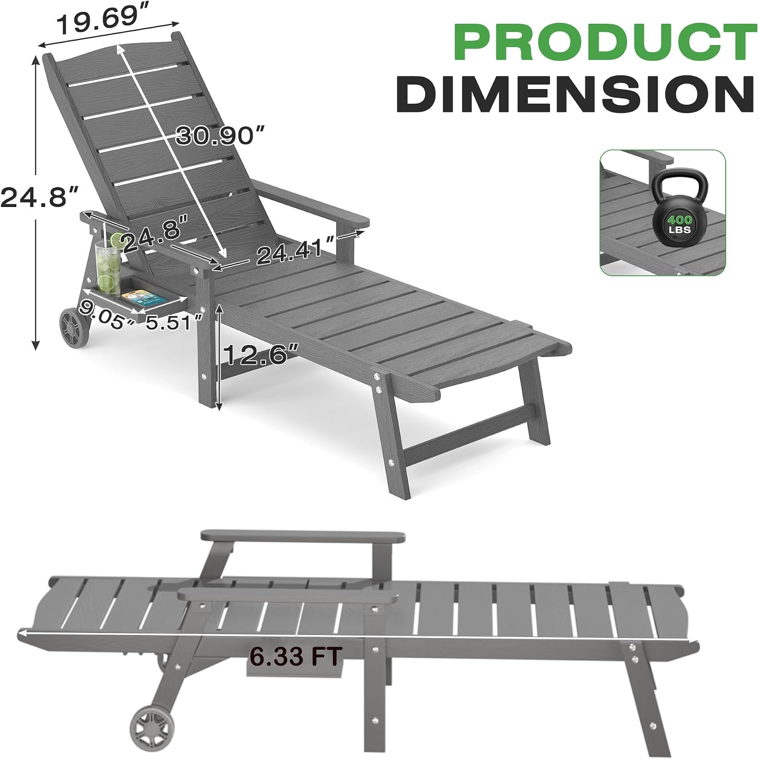 Outdoor Lounge Chairs Set of 2, 6.3ft Outside Chaise Pool Lounger with Wheels,5-Position Adjustable Backrest, 2 Flip-Down Side Cup Holders,HIPS All-Weather for Poolside,Patio,Backyard