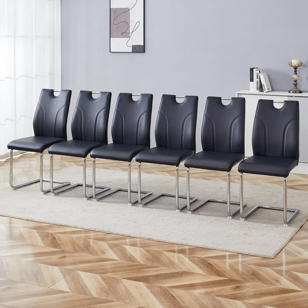 FURNITO Modern Dining Chairs Set of 6, Black Dining Chairs with Thick Cushions, Faux Leather Kitchen & Dining Room Chairs with Backrest and Sliver Metal Legs for Dining Living Room, Easy to Assemble
