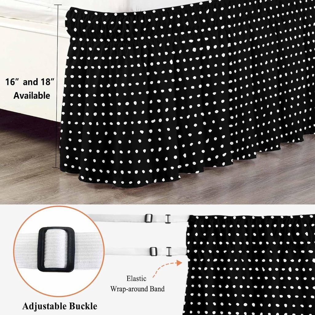 Black Bed Skirt Cal King Size 18 Inch Drop, Adjustable & Elastic Wrap Around Bed Skirts Pleated Luxury Dust Ruffles For Twin Full Queen Cal King Base Bed, Abstract White Polka Dot Geometric Modern Art