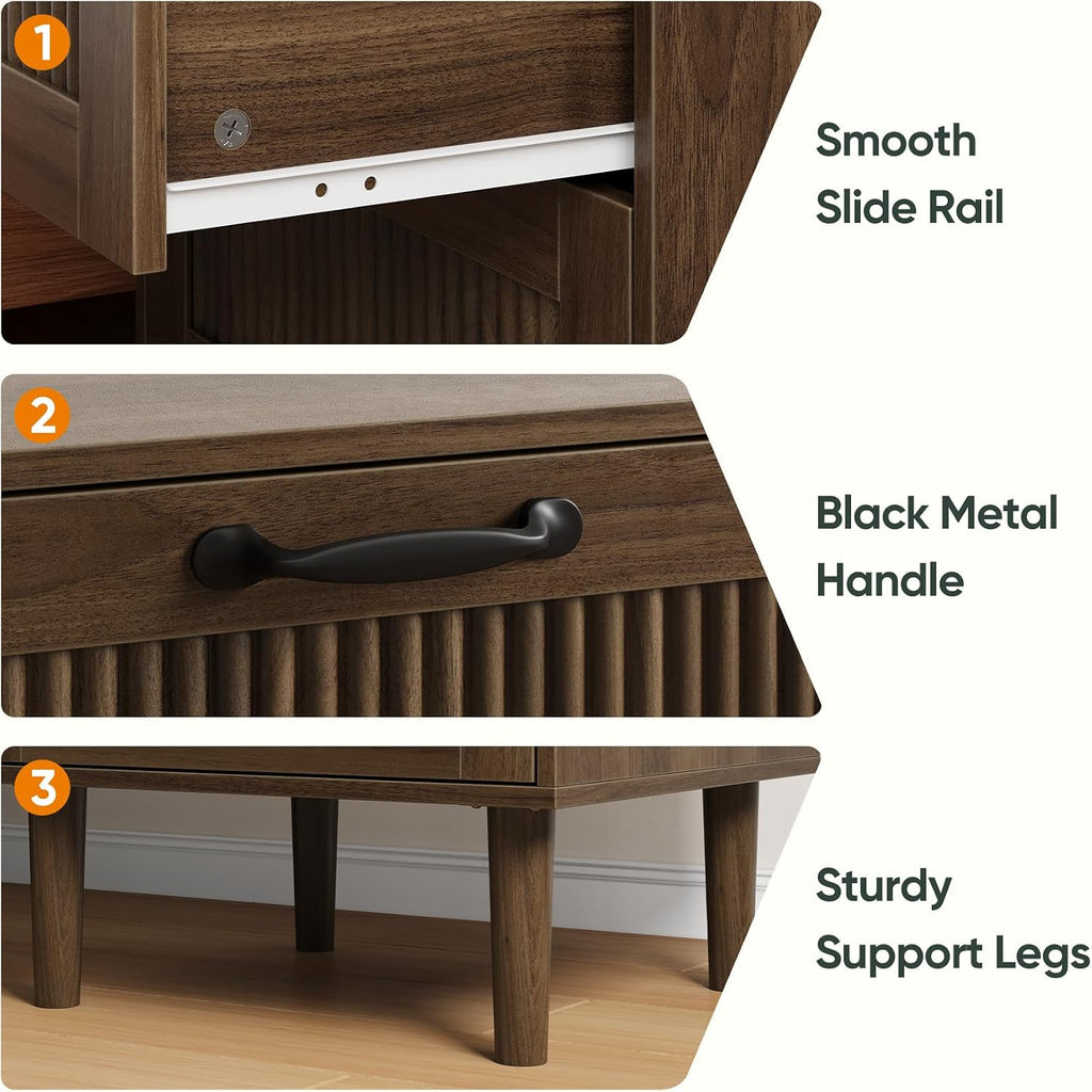Smart FENDEE Fluted Nightstand with 2 Drawers, Bedside Table with Solid Wood Legs, Mid-Century Modern End Table for Bedroom, Home Office, Walnut