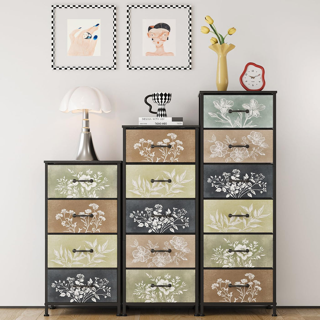 Tohomeor Vintage Floral Narrow 4 Drawers Dresser Nightstand Side Table | Retro Boho Dresser Fabric Drawers for Closet Living Room Bedroom Dorm Convenient Storage Organizer Botanical