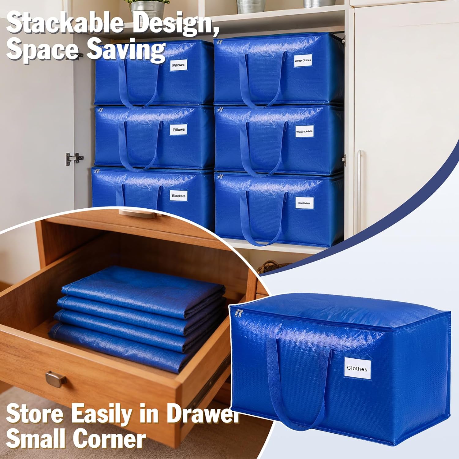KYODOLED 4-Pack Extra Large Moving Bags, Lightweight Blue Storage Totes 24 Gal (27"x13"x15"), Heavy Duty 55lb Capacity PE Packing Bags for College Dorm, Closet Organization & Space Saving