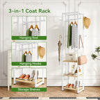 IBUYKE Coat Rack with Shelves, Freestanding Hall Tree with 3 Shelves and 8 Hooks, Industrial Clothes Stand for Entryway, Hallway, Bedroom, Natural UTMJ088R