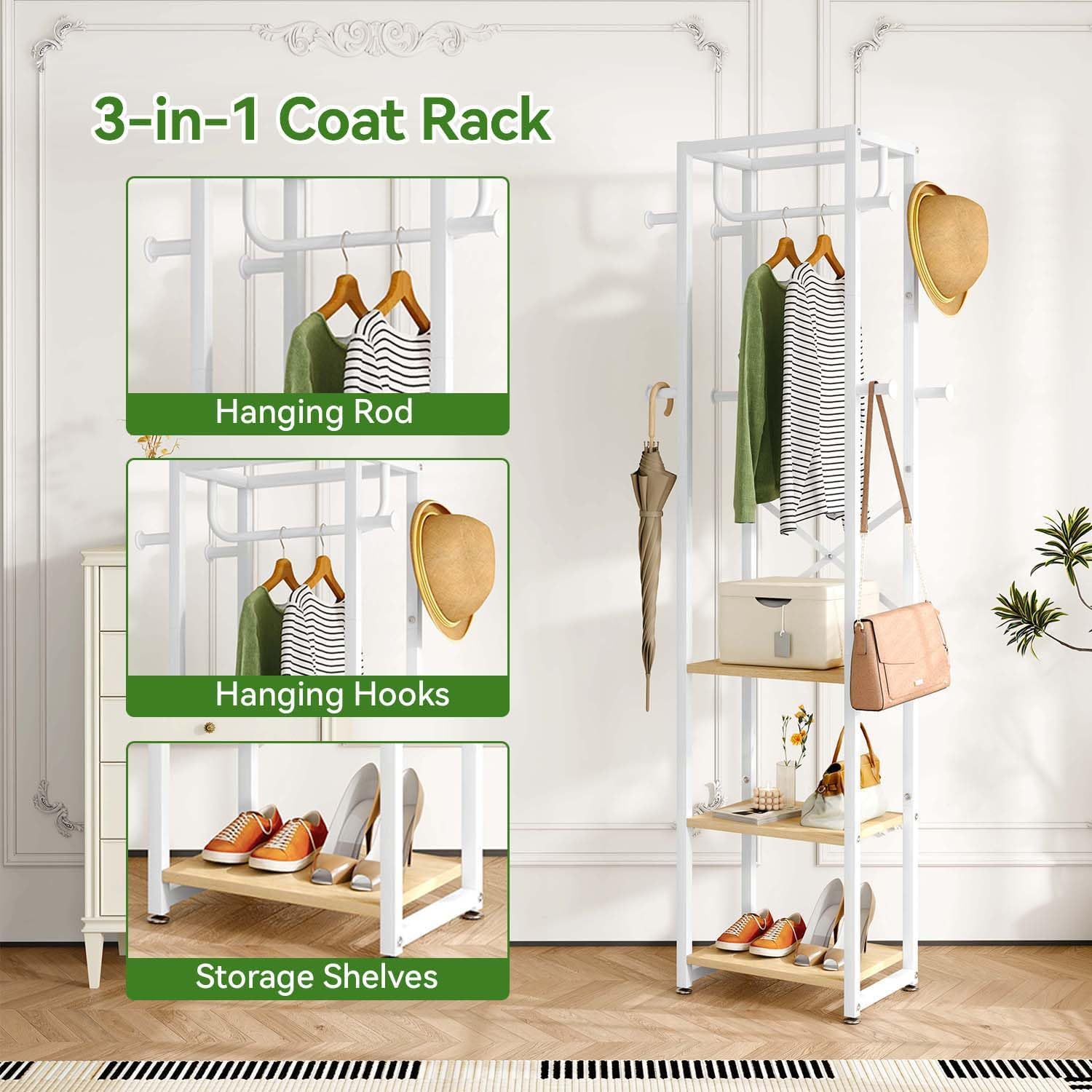 IBUYKE Coat Rack with Shelves, Freestanding Hall Tree with 3 Shelves and 8 Hooks, Industrial Clothes Stand for Entryway, Hallway, Bedroom, Natural UTMJ088R
