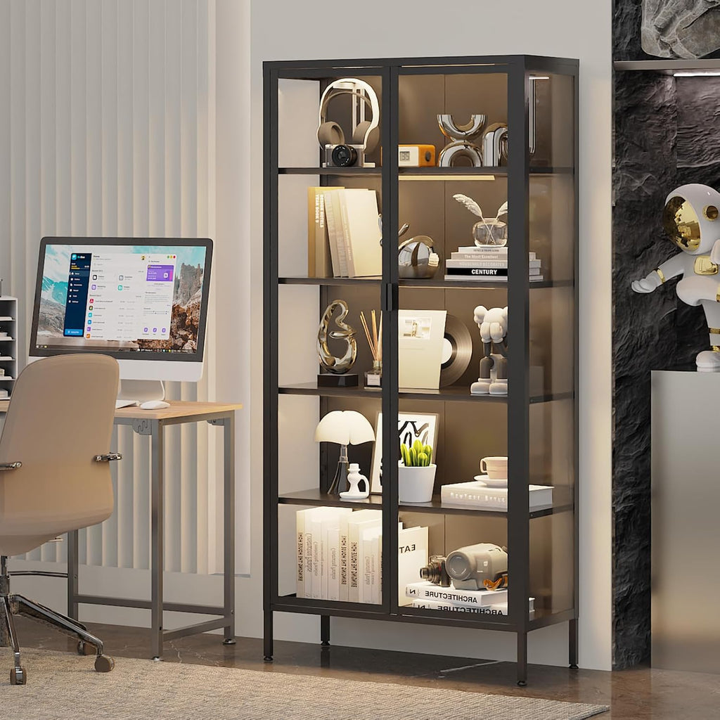 71" H Display Cabinet with Glass Doors,Display Case with LED Sensor Lights,Glass Display Cabinet with Adjustable Shelves and Feet,Display Cabinets for Living Room/Bedroom/Kitchen