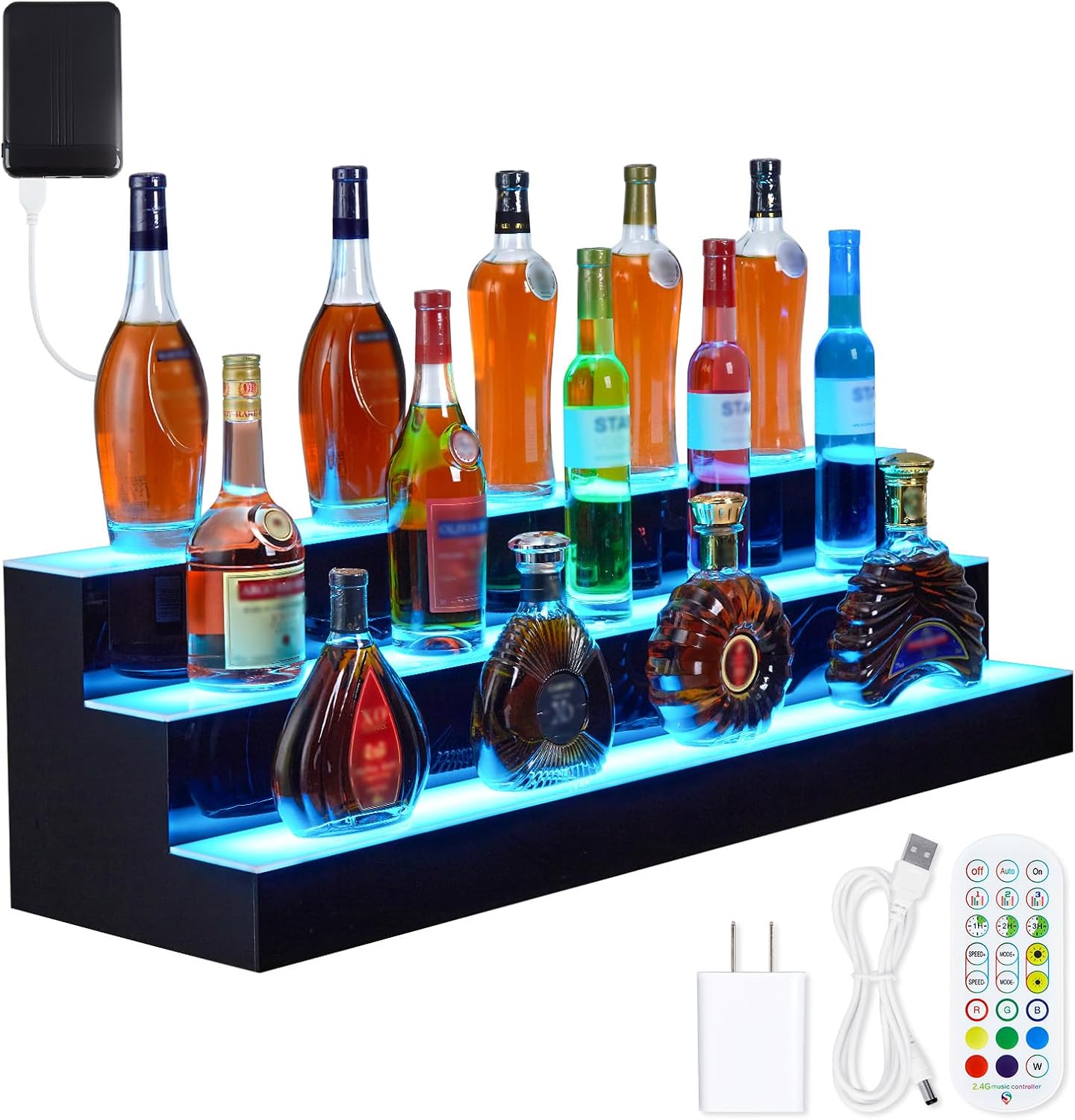 Liquor Bottle Display Shelf, 24 in Acrylic Lighted Bottle Display with Remote & App Control, 1-8 H Timing, 3-Tiers Bottle Stand Mulit-color Lighting for Home/Commercial Bar Display, Home Storage