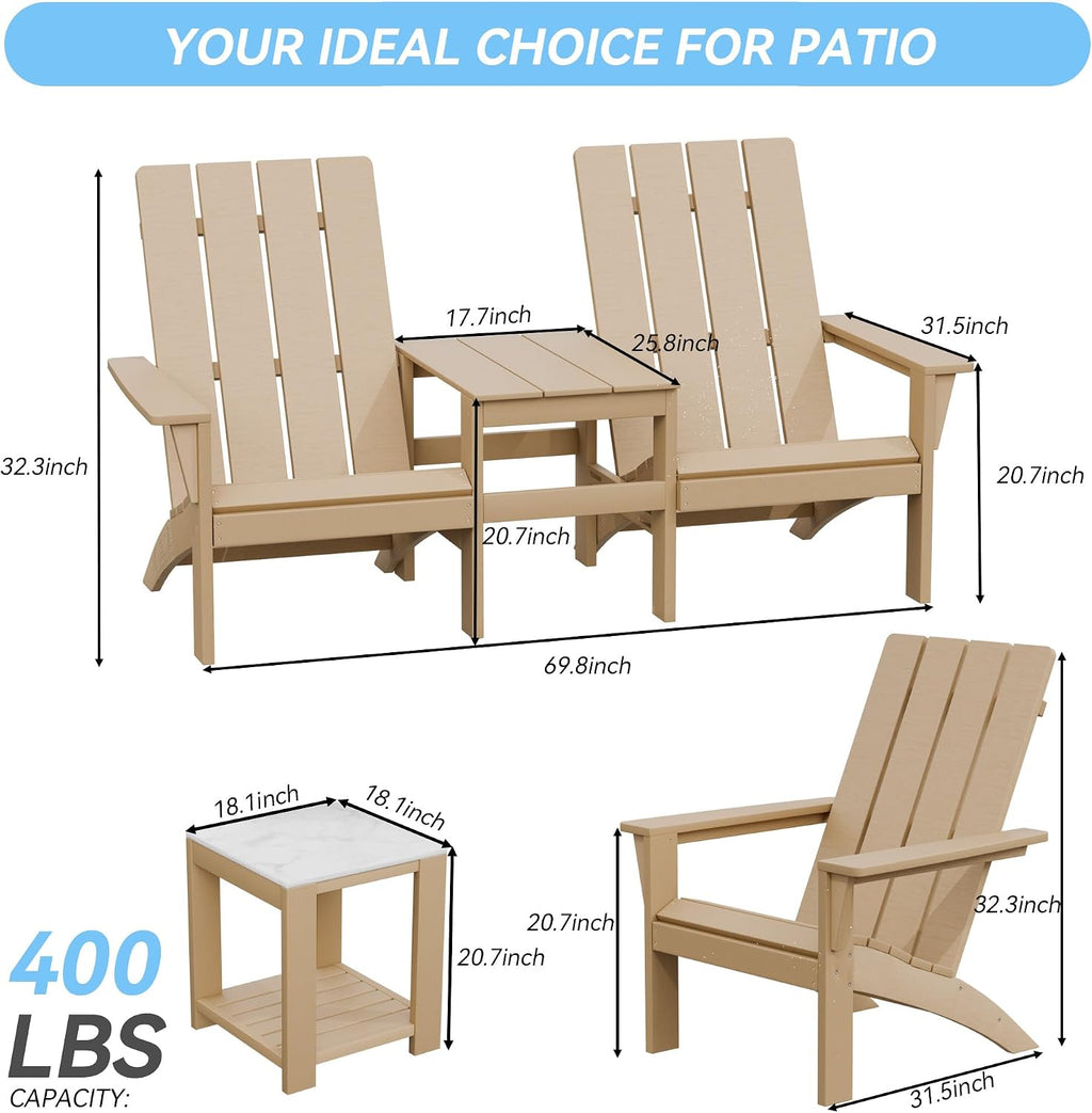 Kullavik Dual-Mode Adirondack Chairs Set of 4 with 2pcs Side Table, HDPE All-Weather Patio Chairs, Outdoor Lawn Chairs for Garden Backyard Porch Pool Deck Firepit, Teak