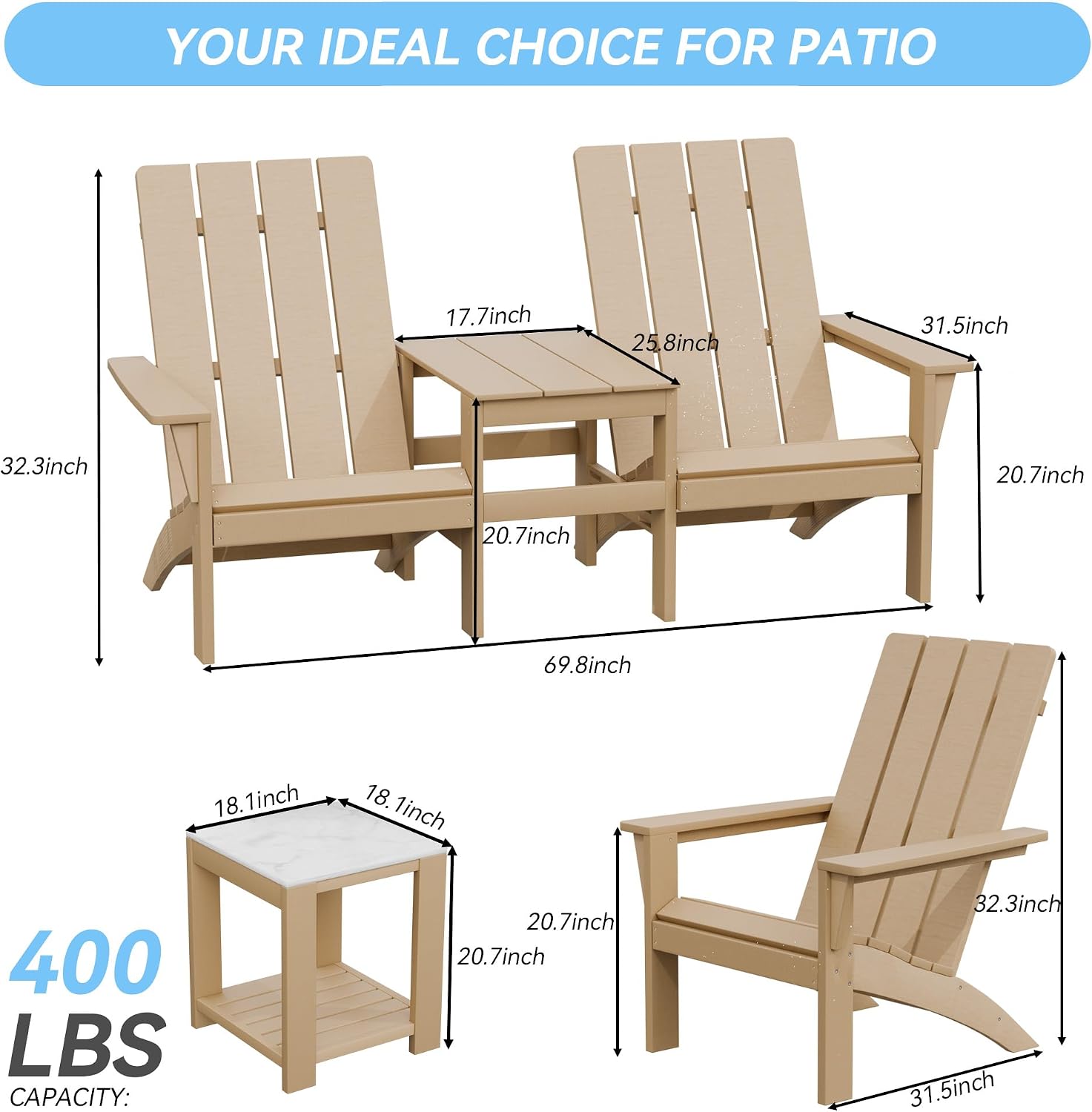 Kullavik Dual-Mode Adirondack Chairs Set of 4 with 2pcs Side Table, HDPE All-Weather Patio Chairs, Outdoor Lawn Chairs for Garden Backyard Porch Pool Deck Firepit, Teak