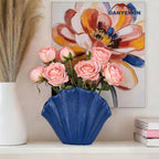 Blue Ceramic Shell Vase Set of 2 - Coastal Decorative Vases for Home Decor, Pampas Grass or Flowers, Navy Blue Centerpieces for Coffee Table, Shelf, Fireplace Mantle, Entryway or Dining Room