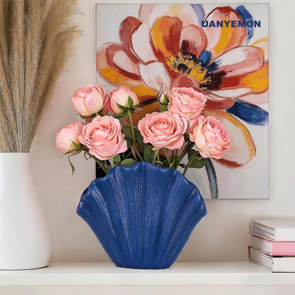 Blue Ceramic Shell Vase Set of 2 - Coastal Decorative Vases for Home Decor, Pampas Grass or Flowers, Navy Blue Centerpieces for Coffee Table, Shelf, Fireplace Mantle, Entryway or Dining Room