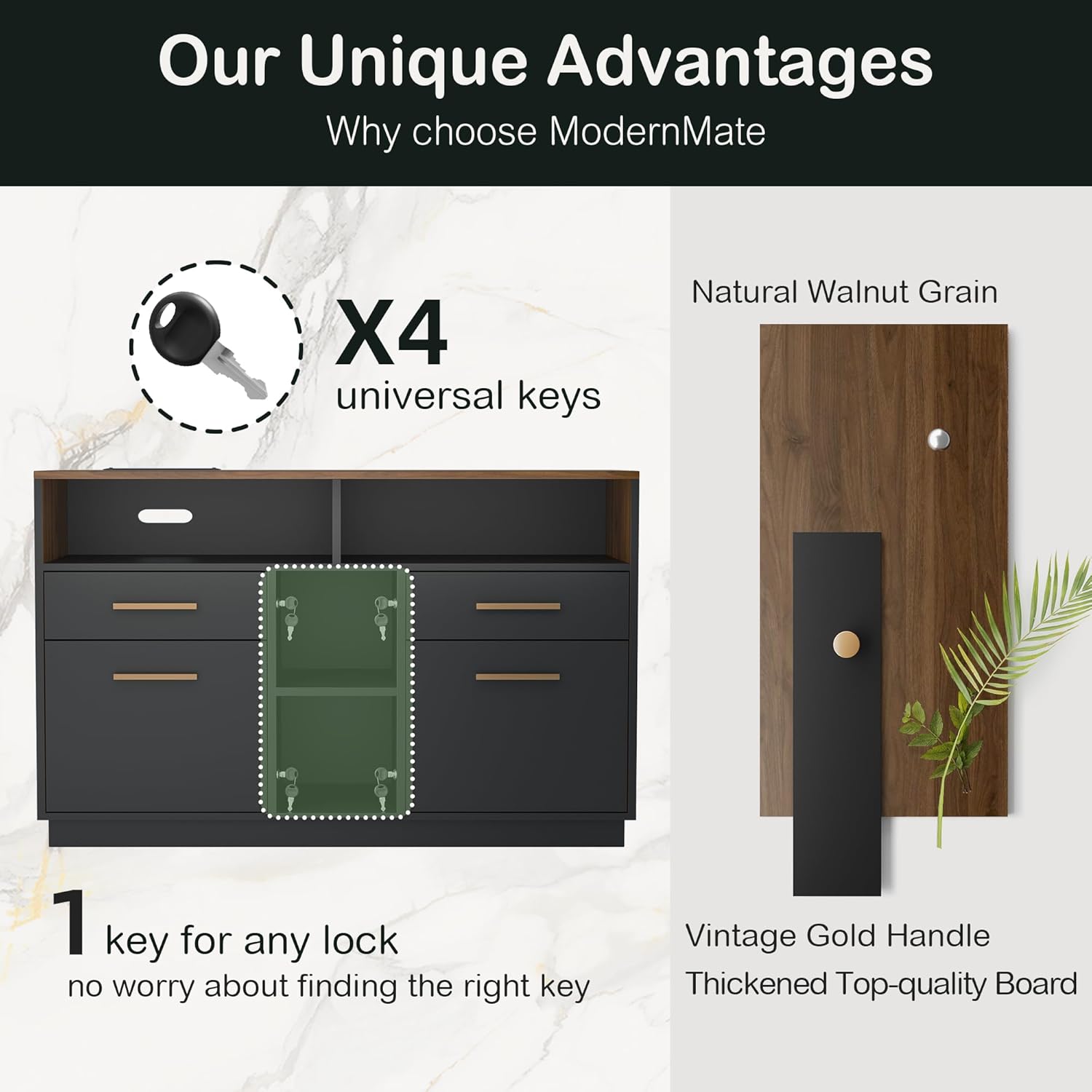 ModernMate 4 Drawer File Cabinet, Wood Filing Cabinet for Home Office with Lock, Power Strip, Storage Shelves, Home Office Lateral File Storage Fits A4/Letter Size, Black Walnut