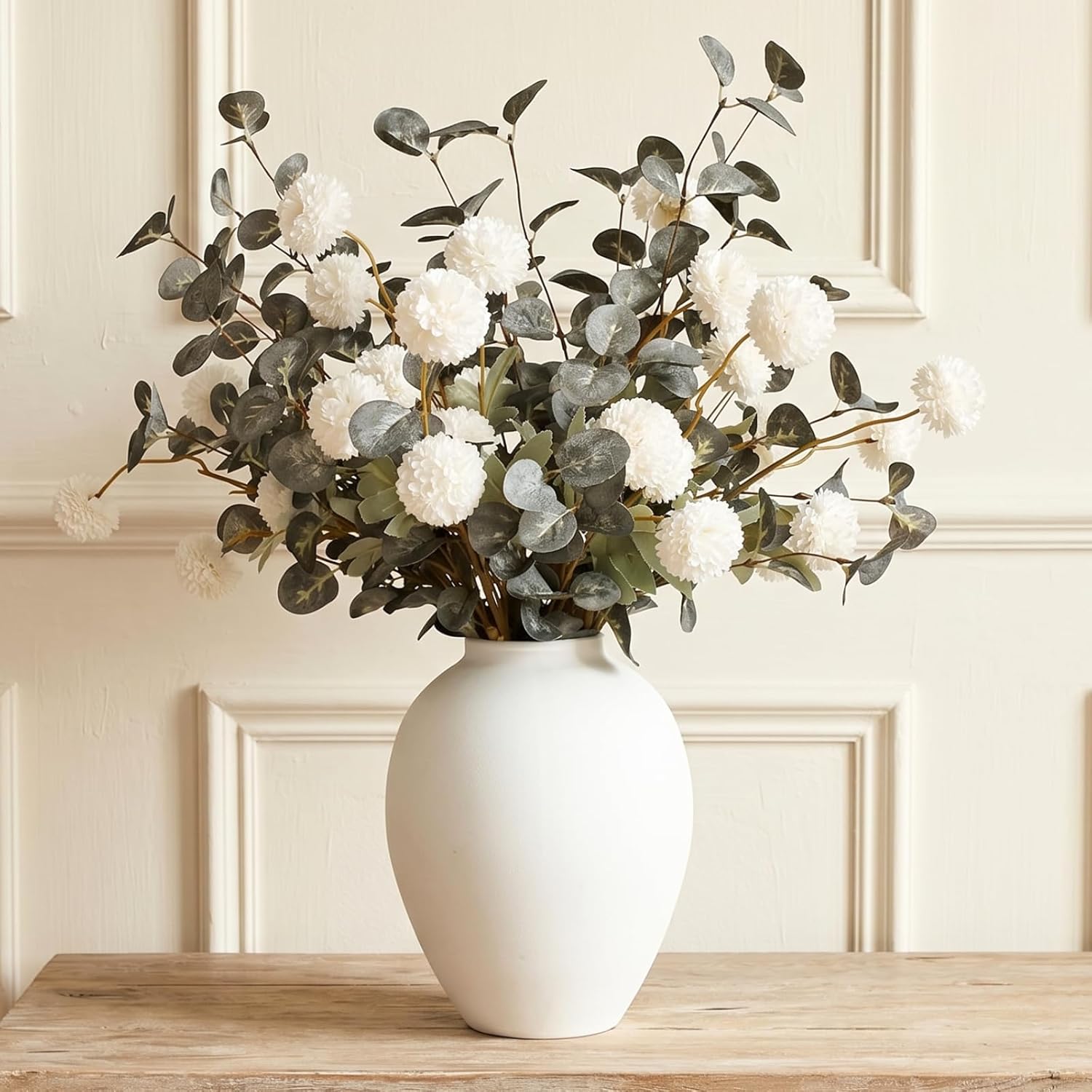 White Artificial Flowers & Greenery With Vase, Faux Floral Arrangement Centerpiece for Dining Table, Realistic Silk Flowers With Modern Vase for Kitchen, Living Room, Bedroom, Entryway & Bathroom