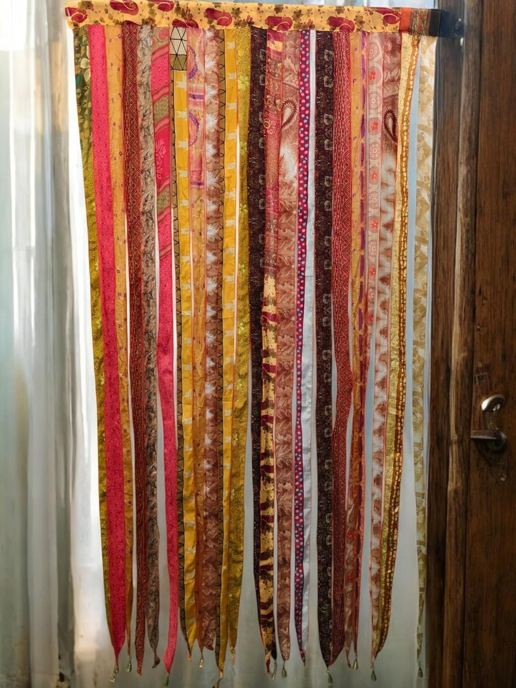 ETHINUMATIC®️ Recycled Silk Sari Ribbon Door Curtain, Bohemian Boho Room Divider, Rod Pocket, Handmade, 80x48 Inch (Yellow)