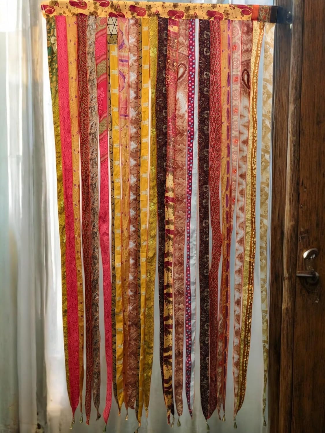 ETHINUMATIC®️ Recycled Silk Sari Ribbon Door Curtain, Bohemian Boho Room Divider, Rod Pocket, Handmade, 80x48 Inch (Yellow)