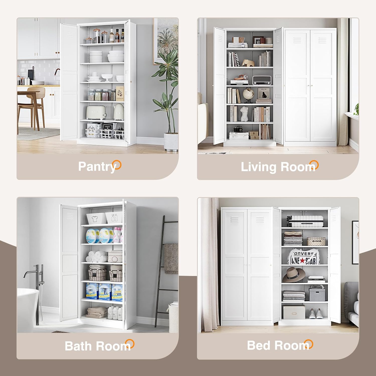 Yizosh Metal Storage Cabinet - 71" White Kitchen Pantry with 2 Doors and 5 Adjustable Shelves, 5-Tier Tall Steel Locker for Living Room, Dining Room