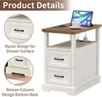HOMMPA Narrow Side Table with Charging Station, 23.6'' W Farmhouse End Table with Open Shelf & Storage Drawers for Sofa Couch, Slim Rustic Sofa Side Table for Small Space, Living Room, Rustic White
