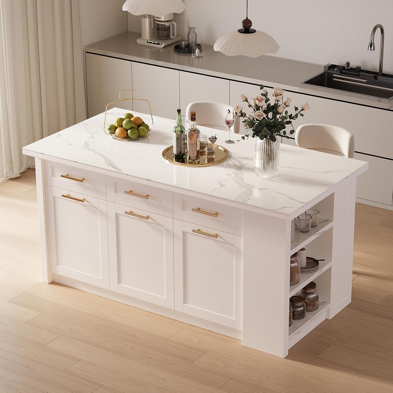 homary 71" White Kitchen Island with Storage Large Kitchen Cabinet with Drawers & Sintered Stone Top Island Table for Dining Room