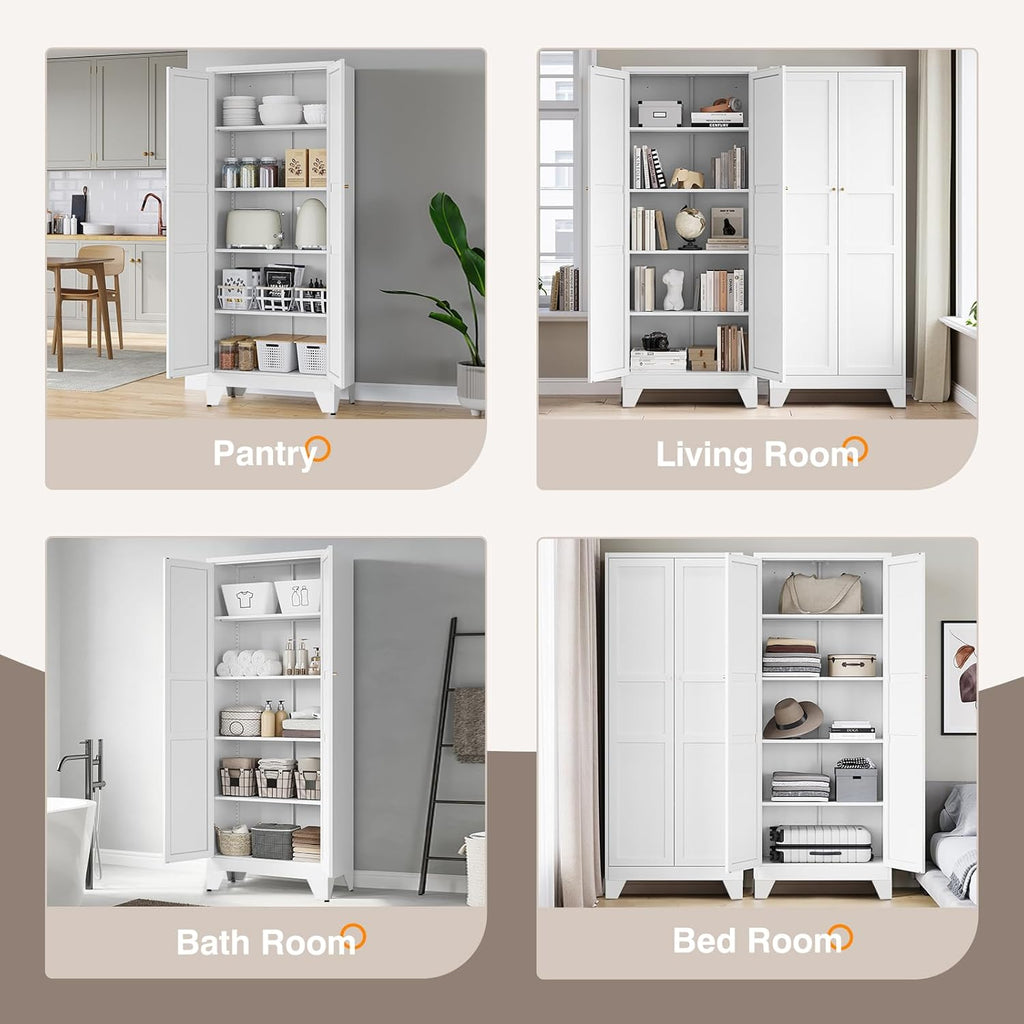 Metal Pantry Cabinet 75" with 2 Doors and 4 Adjustable Shelves, Freestanding Kitchen Cupboard Storage Cabinet for Dining Room, Living Room or Bathroom, White