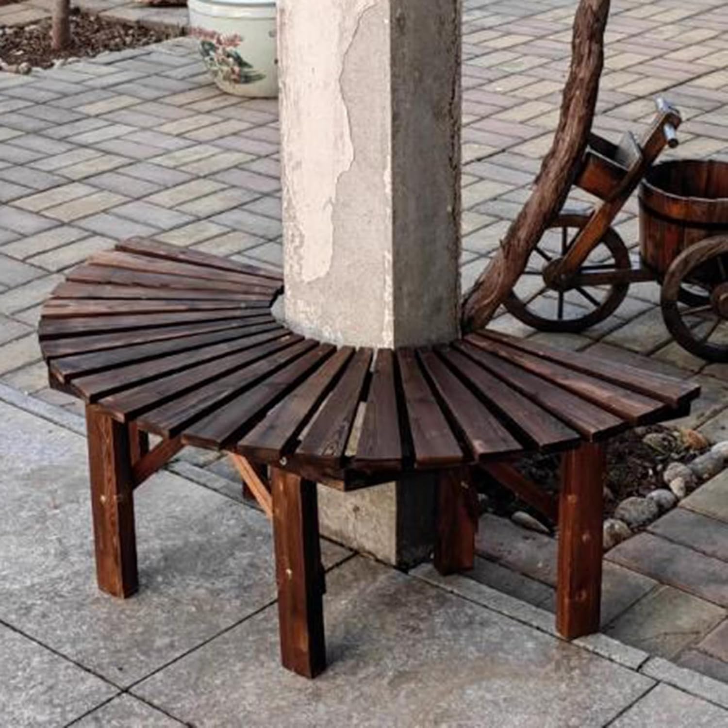 Tree Bench Wrap Around Park Seating Slatted Seat,for Garden, Lawn,Patio & Backyard Solid Wood Curved